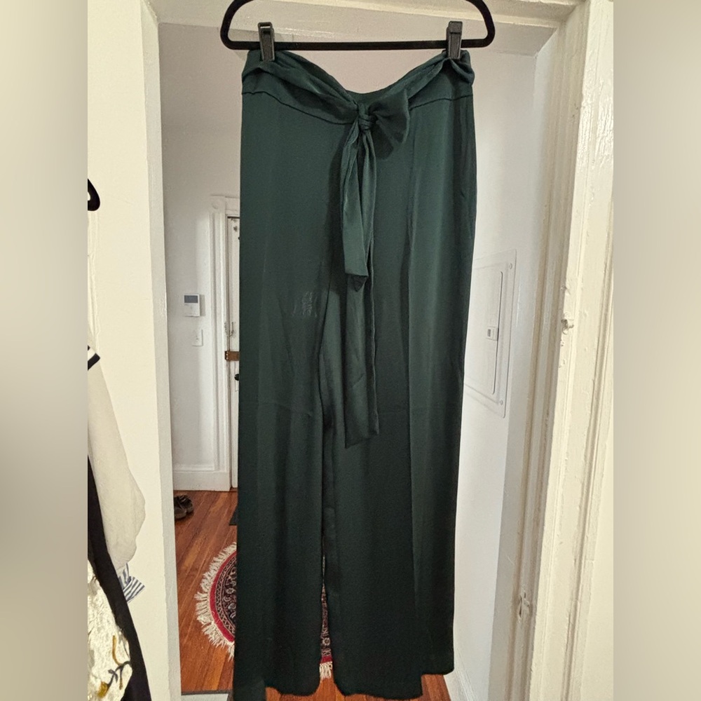 Express Emerald Green Wide Leg Silk Pants with Tie - elastic waisted